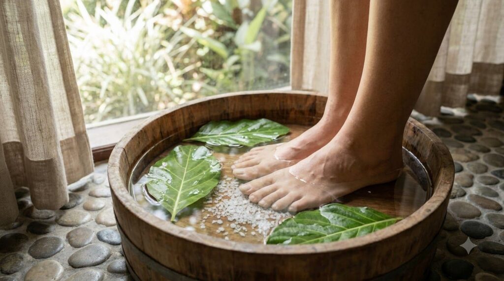 A person s feet soaking in a wooden basin filled with warm water green noni leaves and a few white Epsom salt crystals v