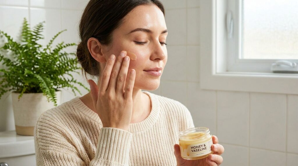 A woman gently applying the Vaseline and honey mix to her face with a soft natural glow to her skin in a bathroom settin