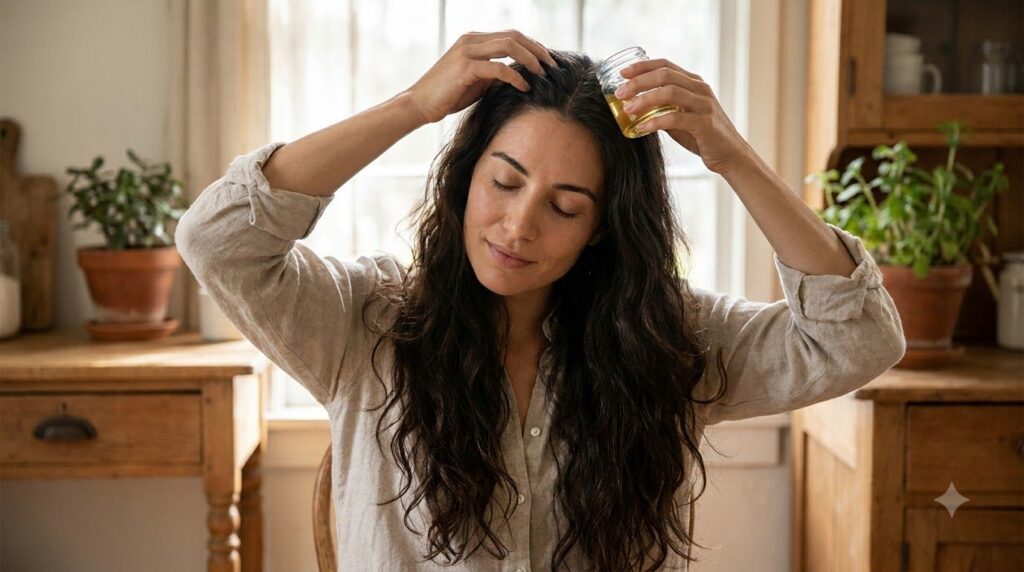 A woman gently massaging a homemade hair oil into her scalp with a focus on healthy hair roots