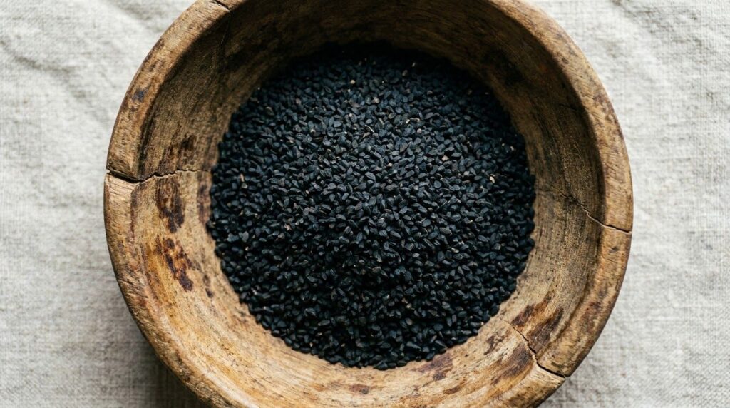 A close-up of dark seeds possibly Nigella Sativa in a small wooden bowl emphasizing their natural origin and beauty bene
