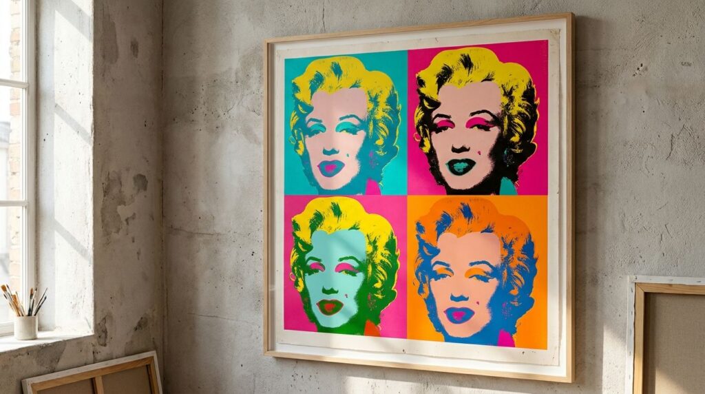 A vibrant pop art style portrait of Marilyn Monroe similar to Andy Warhol s style