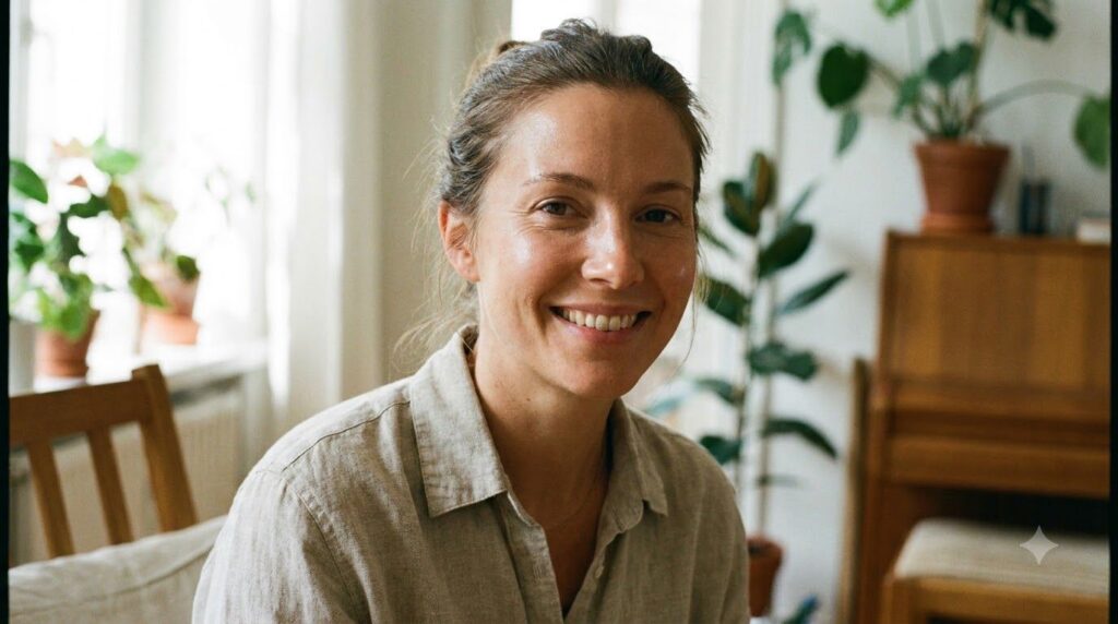 A woman smiling with clear radiant skin looking happy and confident