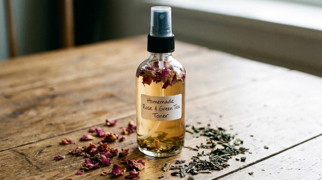 Close-up of a homemade toner in a spray bottle with rose petals and green tea leaves scattered around
