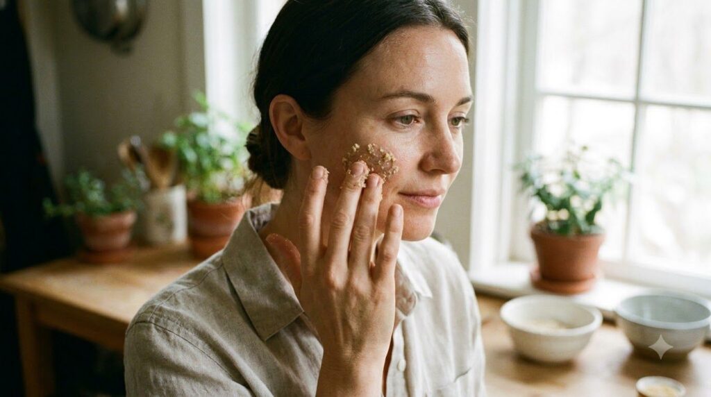A woman gently applying the homemade Vaseline mix to her face in a circular motion