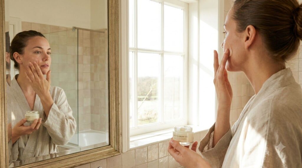 A woman gently applying a small amount of the potato cream gel to her cheek demonstrating the application process Her sk