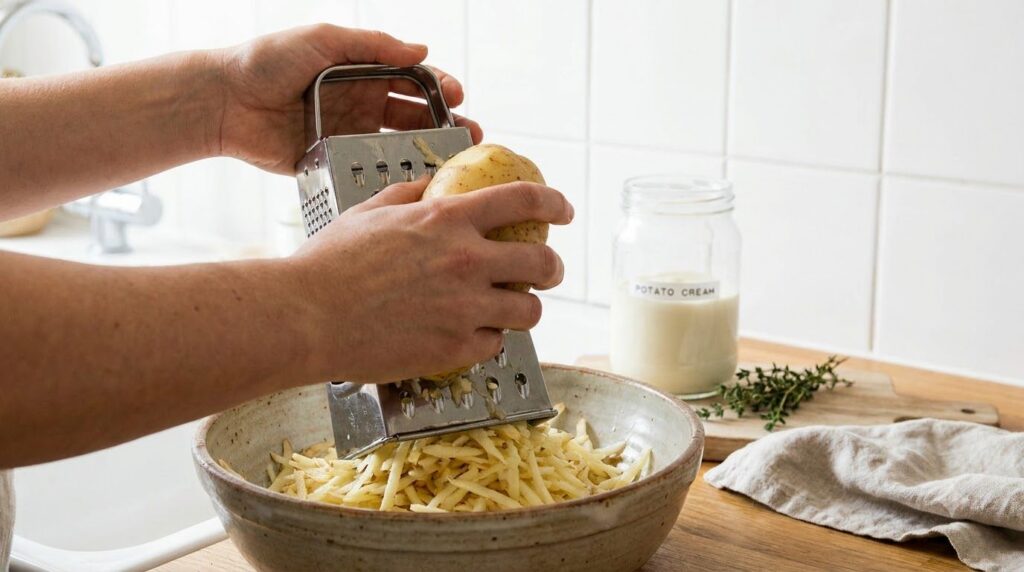 Close-up of hands grating a potato over a bowl with a finished jar of potato cream in the background showing the process