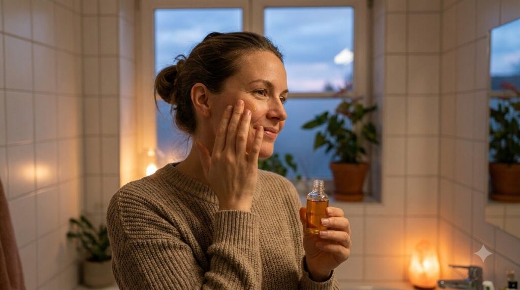 A woman gently massaging a few drops of oil into her face in the evening with a soft glow