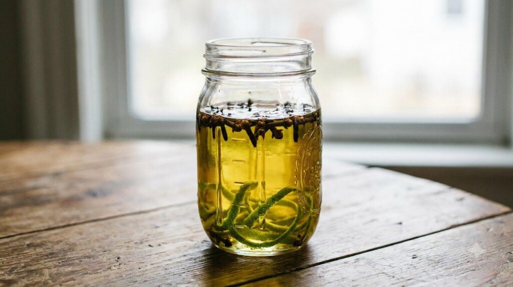 A glass jar with baby oil cloves and lime zest infusing with soft lighting
