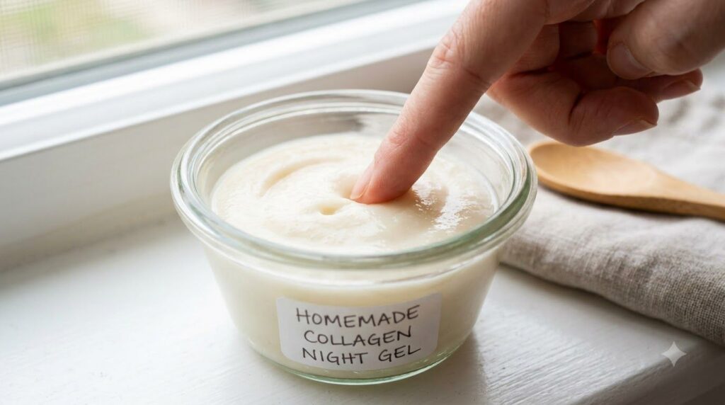 A small glass bowl containing the mixed collagen night gel paste with a finger gently testing its texture