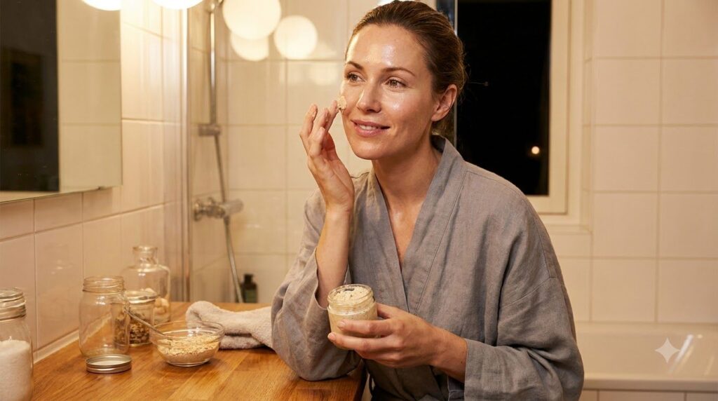 A woman gently applying the homemade night treatment paste to her face with soft glowing skin