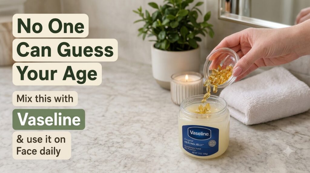 A hand pouring golden vitamin E capsules into an open jar of Vaseline Original Healing Jelly with a soft-focus backgroun