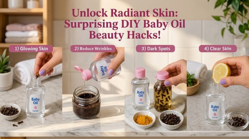 A 2x2 grid showing hands interacting with bottles of baby oil and natural ingredients like cloves turmeric powder coffee