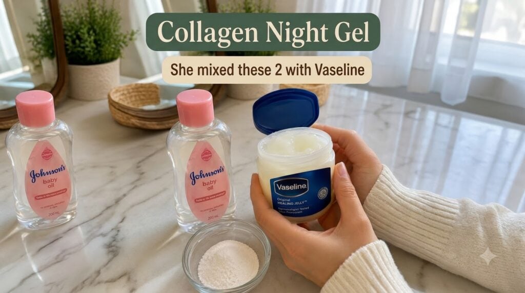 Overhead shot of Johnson s baby oil a small glass bowl of white powder cornstarch and a jar of Vaseline arranged on a li