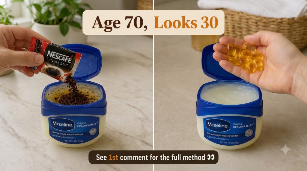 Split-screen image showing instant coffee being poured into Vaseline on the left and vitamin E capsules held over Vaseli