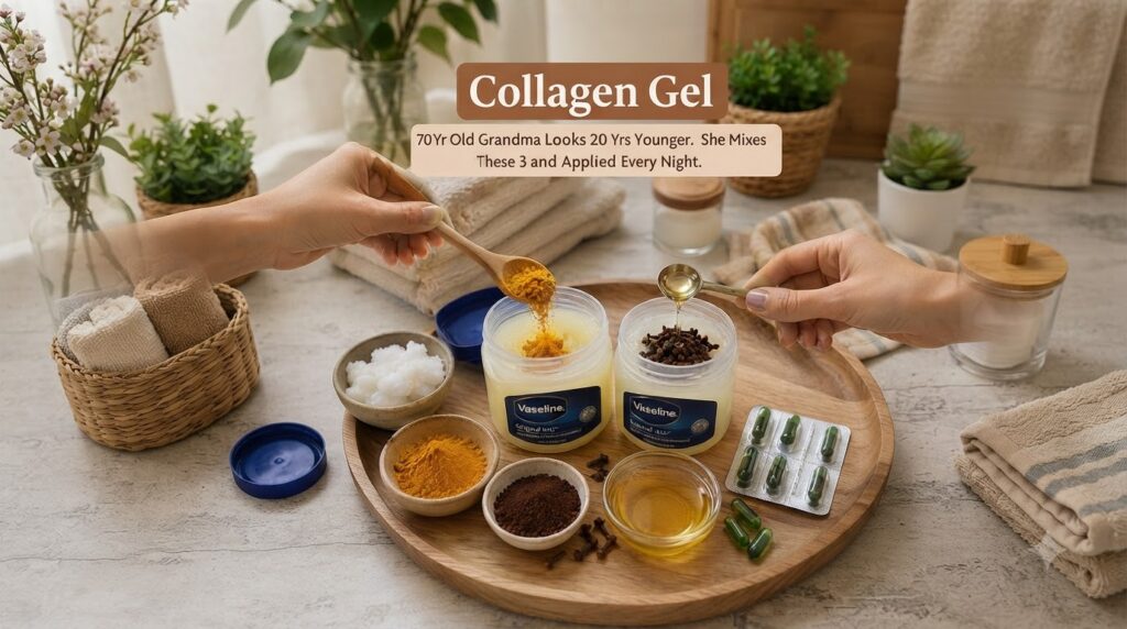 A flat lay of natural ingredients like Vaseline turmeric and essential oils being prepared for a DIY skincare recipe