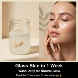 A woman gently applying rice water to her clean face with a cotton pad looking refreshed and focused