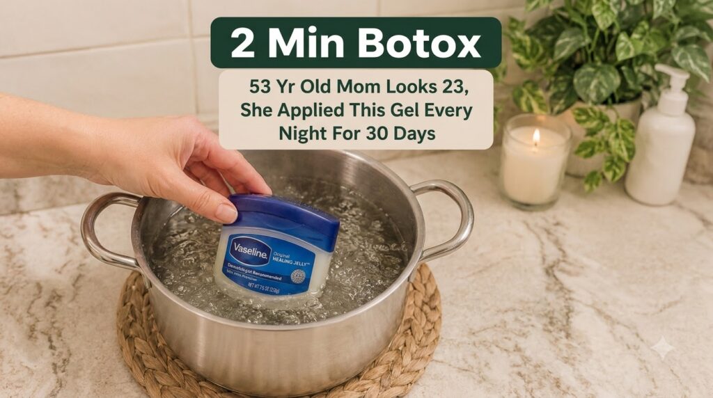 A hand gently holding a jar of Vaseline over a pot of boiling water steam rising in a cozy bathroom or wellness setting 