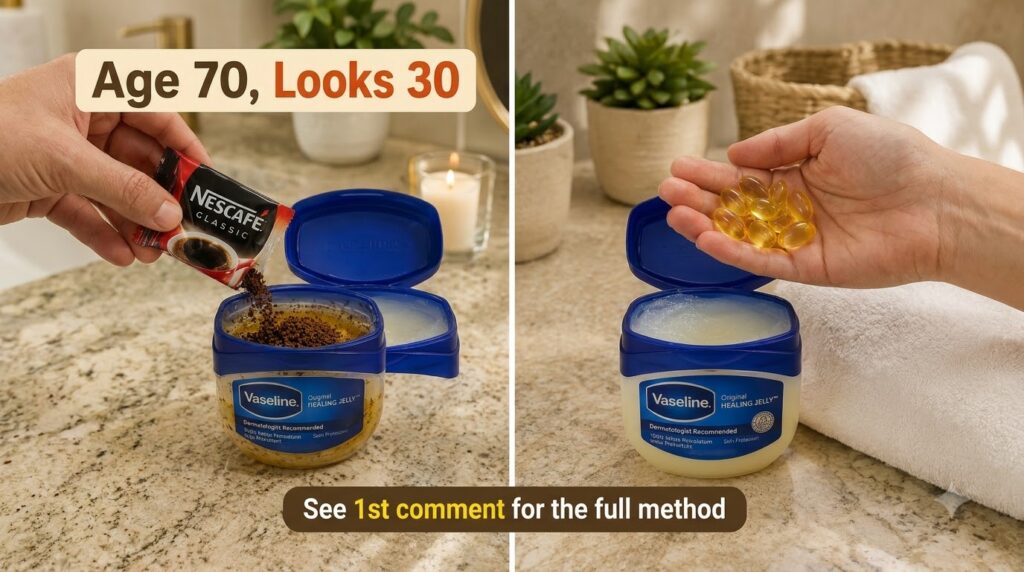 A split screen showing coffee granules poured into Vaseline on one side and yellow soft gel capsules held over Vaseline 