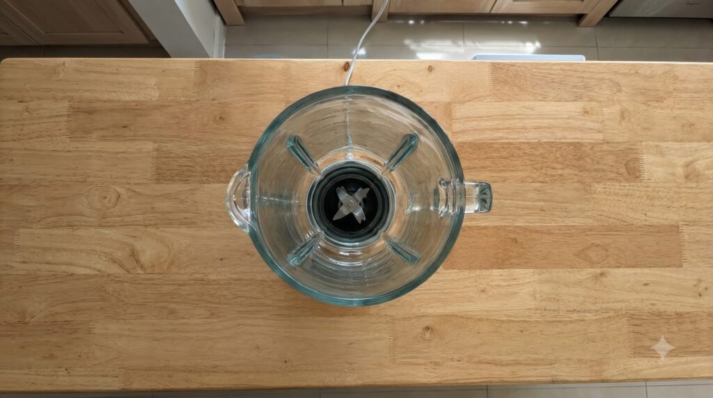An empty glass blender jar on a wooden countertop