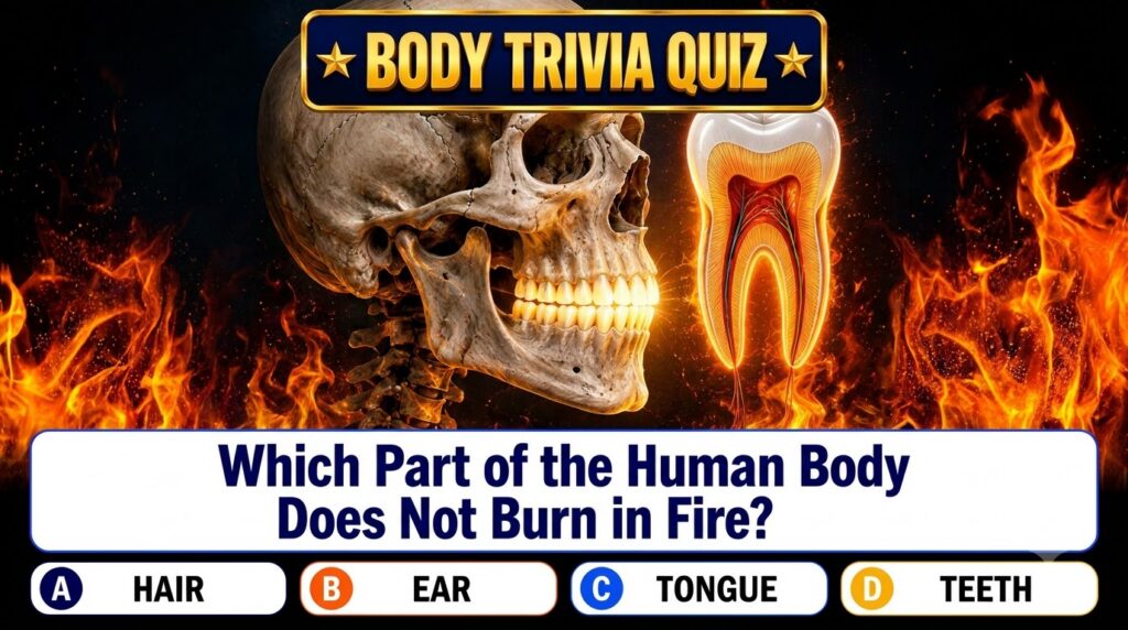 An illustration for a Body Trivia Quiz showing a human skull with glowing teeth on the left and a cross-section of a too