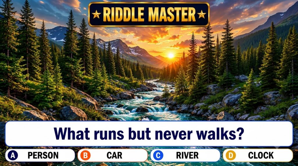 A game screen titled RIDDLE MASTER with a multiple-choice question about a riddle featuring a scenic photograph of a vib
