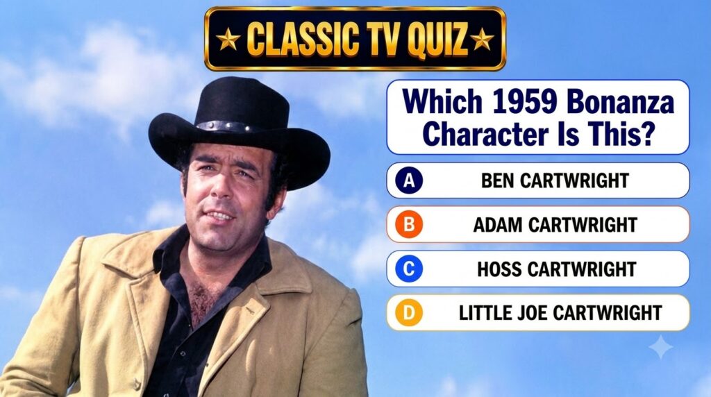 A retro-style TV quiz screen asking to identify a character from the classic Western series Bonanza with multiple-choice