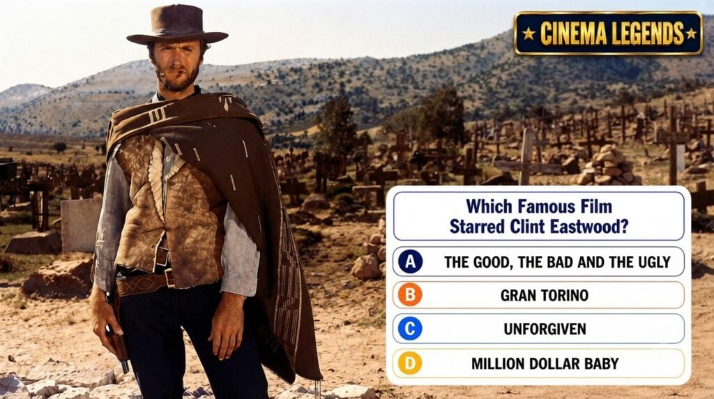 Clint Eastwood as Blondie wearing his iconic green brown poncho with a cigarillo in his mouth in a dusty arid landscape