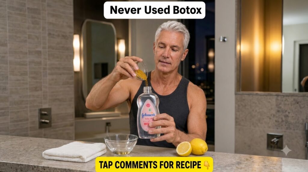 A middle-aged man with gray hair pouring golden granular sugar from a small glass bowl into a bottle of Johnson s baby o