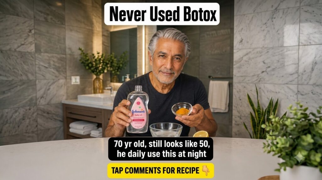 A smiling elderly man with gray hair and a beard in a bathroom holding Johnson s baby oil and a small glass bowl of turm