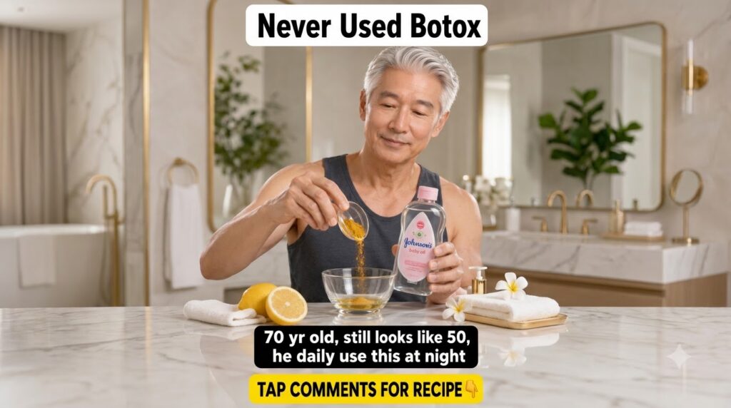 An elderly Asian man with gray hair is mixing yellow turmeric powder from a small glass bowl into a larger bowl while ho