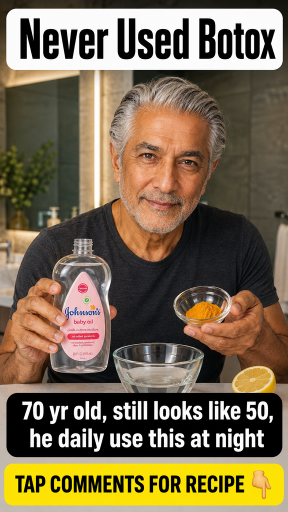 A smiling middle-aged man with grey hair and a beard in a modern bathroom holding a bottle of baby oil and a bowl of tur