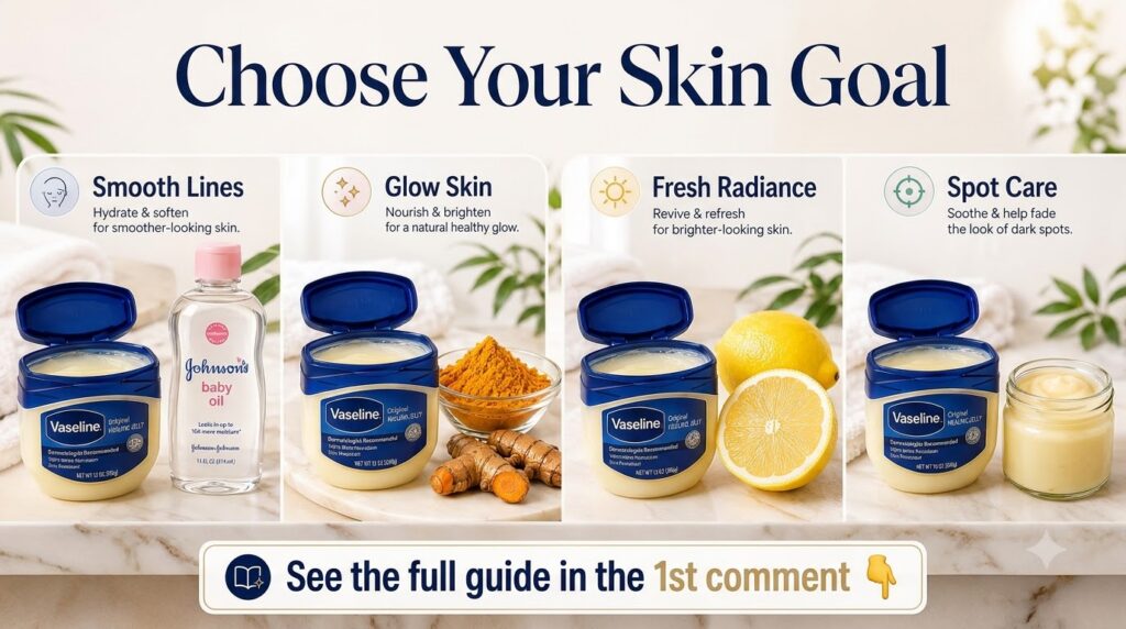 A four-panel grid showing different skincare goals Smooth Lines Glow Skin Fresh Radiance and Spot Care Each panel featur