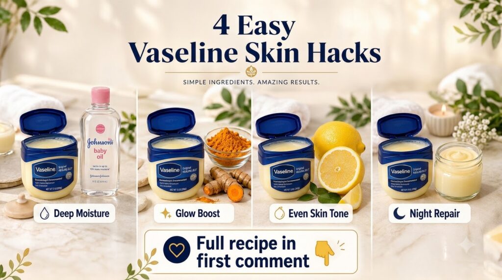 A four-panel grid showcasing various Vaseline skin hacks Each panel displays an open tub of Vaseline next to natural ing