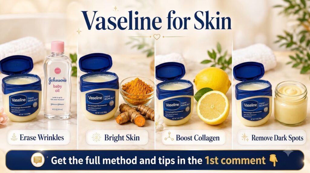 A collage showing tubs of Vaseline Original Healing Jelly with sections illustrating different skin benefits when combin