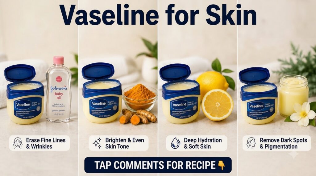 A four-panel grid showing Vaseline petroleum jelly combined with Johnson s baby oil turmeric lemon and a floral mixture 