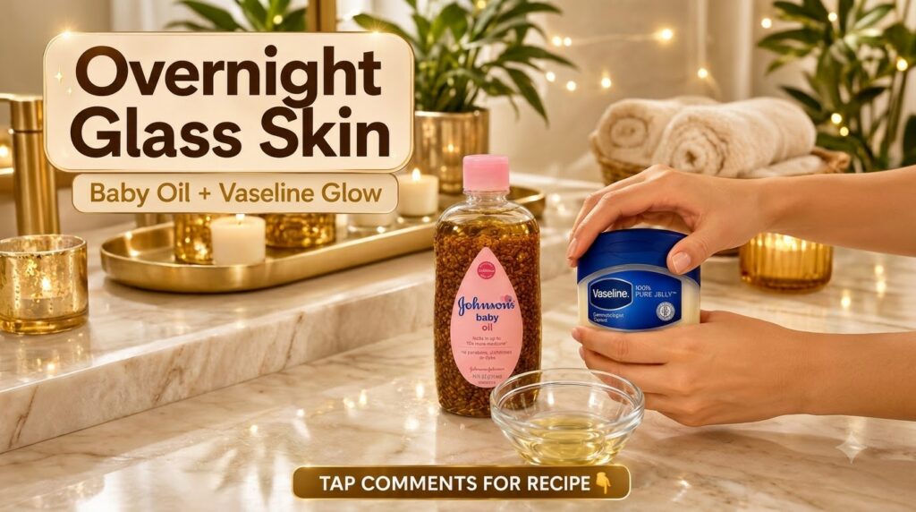 A bottle of Johnson s baby oil and a tub of Vaseline held by hands positioned around a small glass bowl filled with oil 