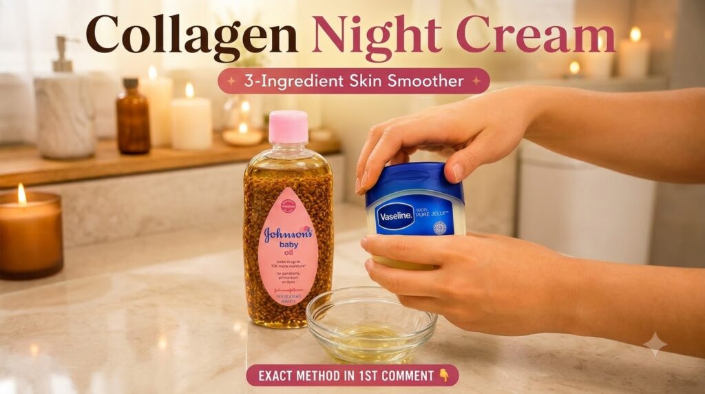 Hands holding a jar of Vaseline and a bottle of baby oil with seeds next to a small bowl of oil on a marble surface repr
