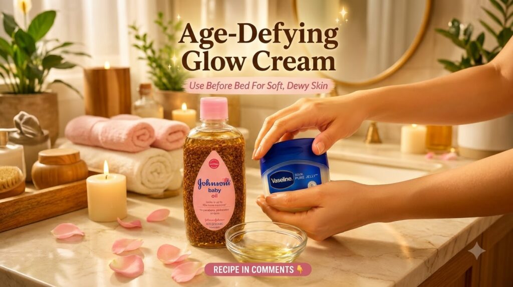 Hands holding Vaseline next to Johnson s Baby Oil with fenugreek seeds and a bowl of oil in a warm self-care setting