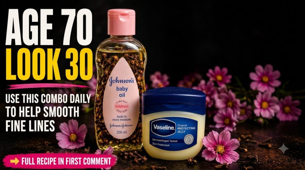 A bottle of Johnson s Baby Oil infused with cloves and a tub of Vaseline arranged with pink flowers on a dark surface