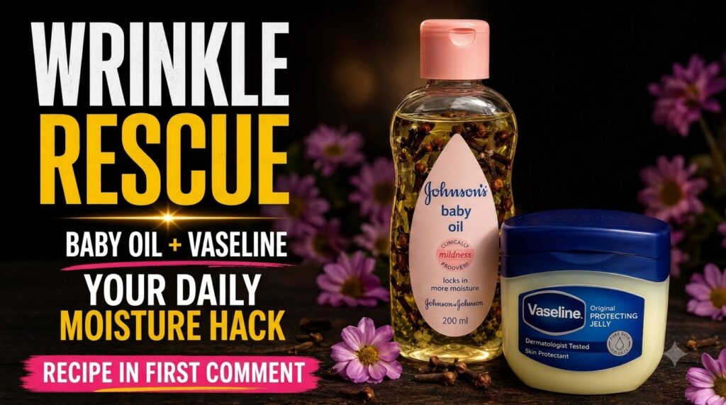 A bottle of Johnson s baby oil and a jar of Vaseline Original Protecting Jelly with blurred purple flowers in the backgr