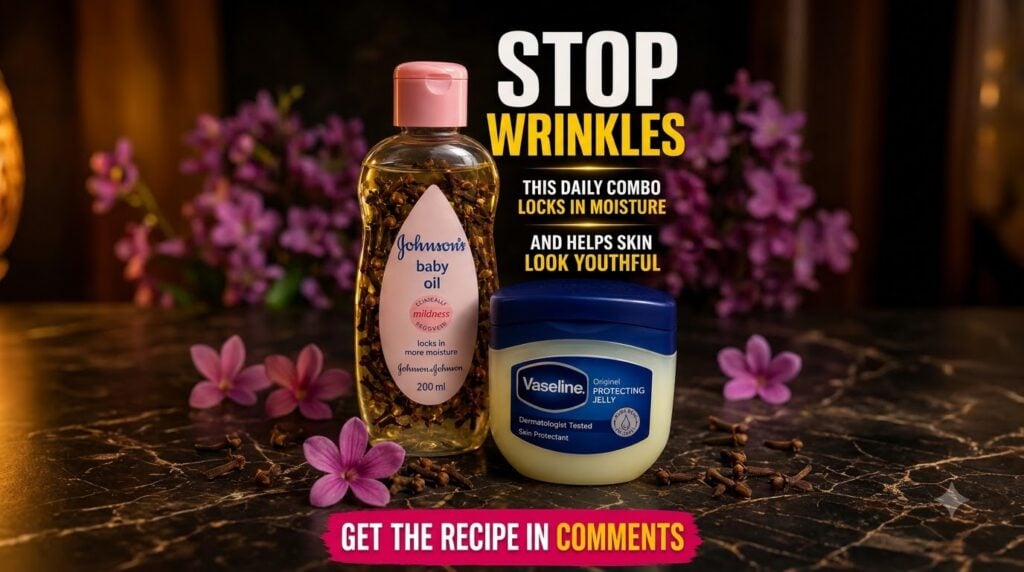 A bottle of Johnson s baby oil with cloves inside and a jar of Vaseline on a dark surface with scattered cloves and a pu