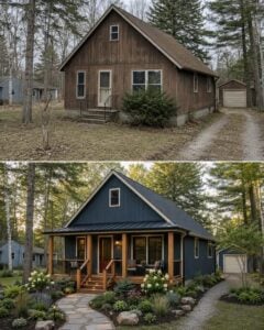 A beautiful woodland home with a grand front porch surrounded by lush shade-loving landscaping including hostas ferns hy