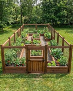 A beautiful and organized home vegetable garden featuring wooden raised beds clean gravel paths and a charming low fence