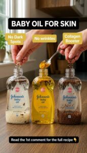 A clear glass bottle filled with a golden infused oil with whole flaxseeds visible at the bottom The bottle is corked or