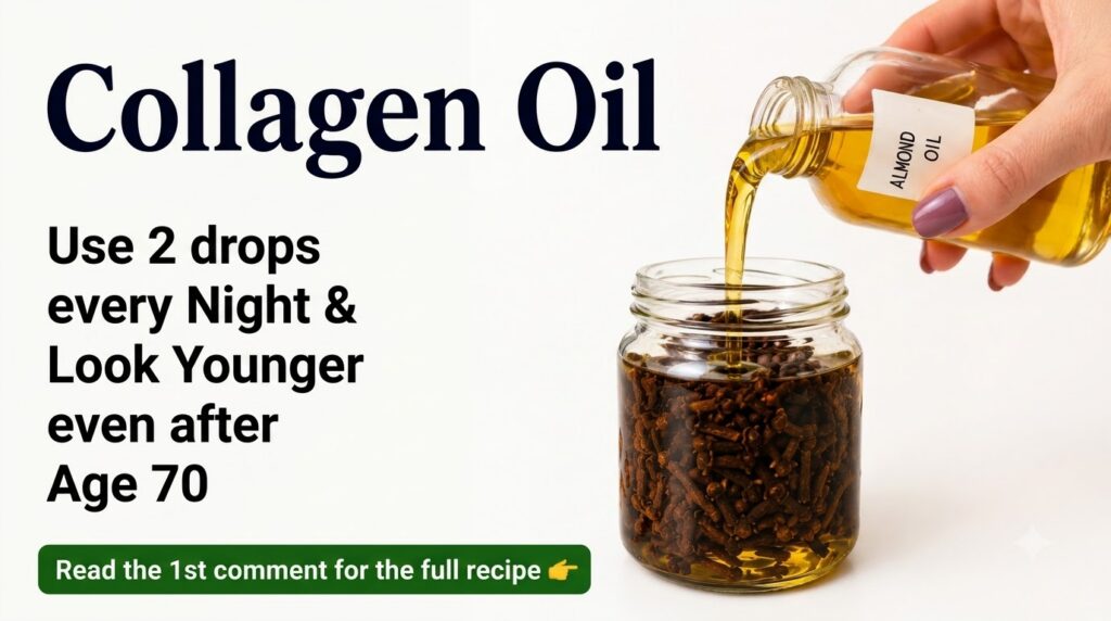 A hand pouring golden almond oil from a bottle into a clear glass jar filled with dark cloves set against a bright clean