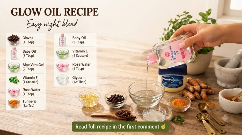 A clear glass bowl with Johnson s baby oil being poured into it surrounded by cloves turmeric powder vitamin E capsules