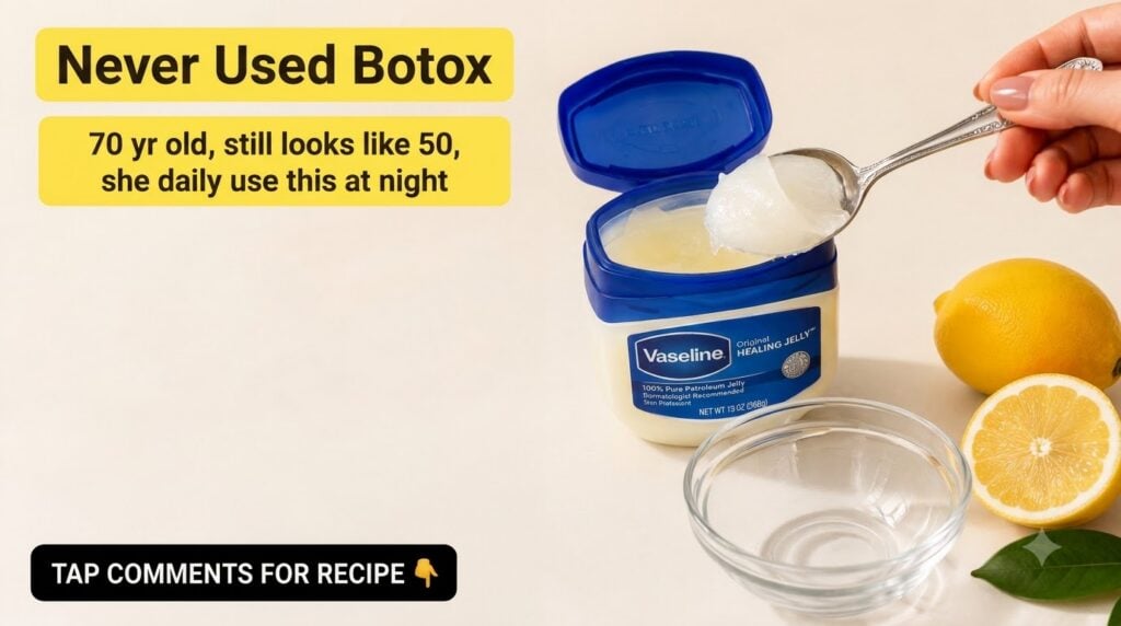 A jar of Vaseline a spoon with petroleum jelly whole and half lemon slices and a small glass bowl on a neutral backgroun