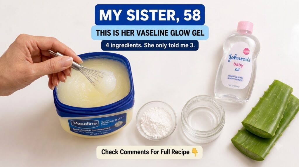 Ingredients for a DIY glow gel recipe laid out on a clean surface featuring Vaseline Johnson s baby oil aloe vera leaves