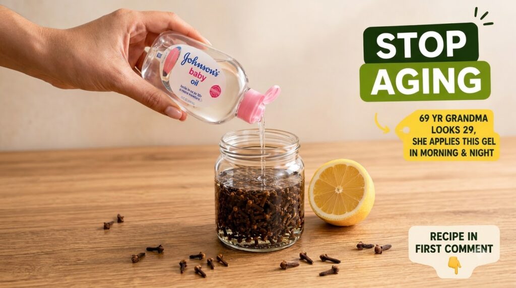 A hand pouring Johnson s baby oil from a bottle into a glass jar filled with cloves and a liquid with a sliced lemon hal
