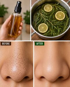 Close-up of a glass bottle containing a homemade rosemary and lemon facial tonic with fresh rosemary sprigs and lemon sl